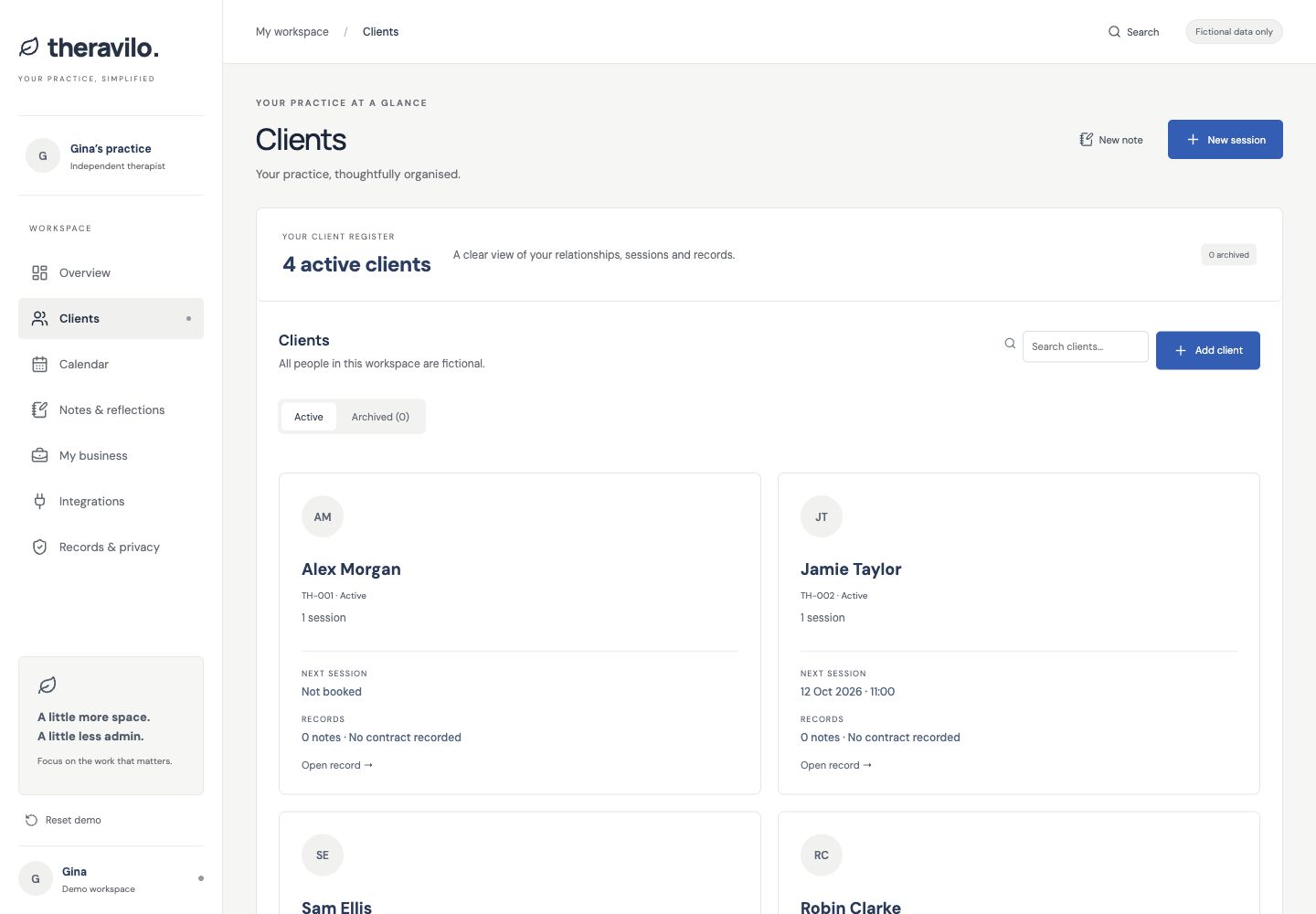 Theravilo Your clients page, captured from the current fictional-data demo
